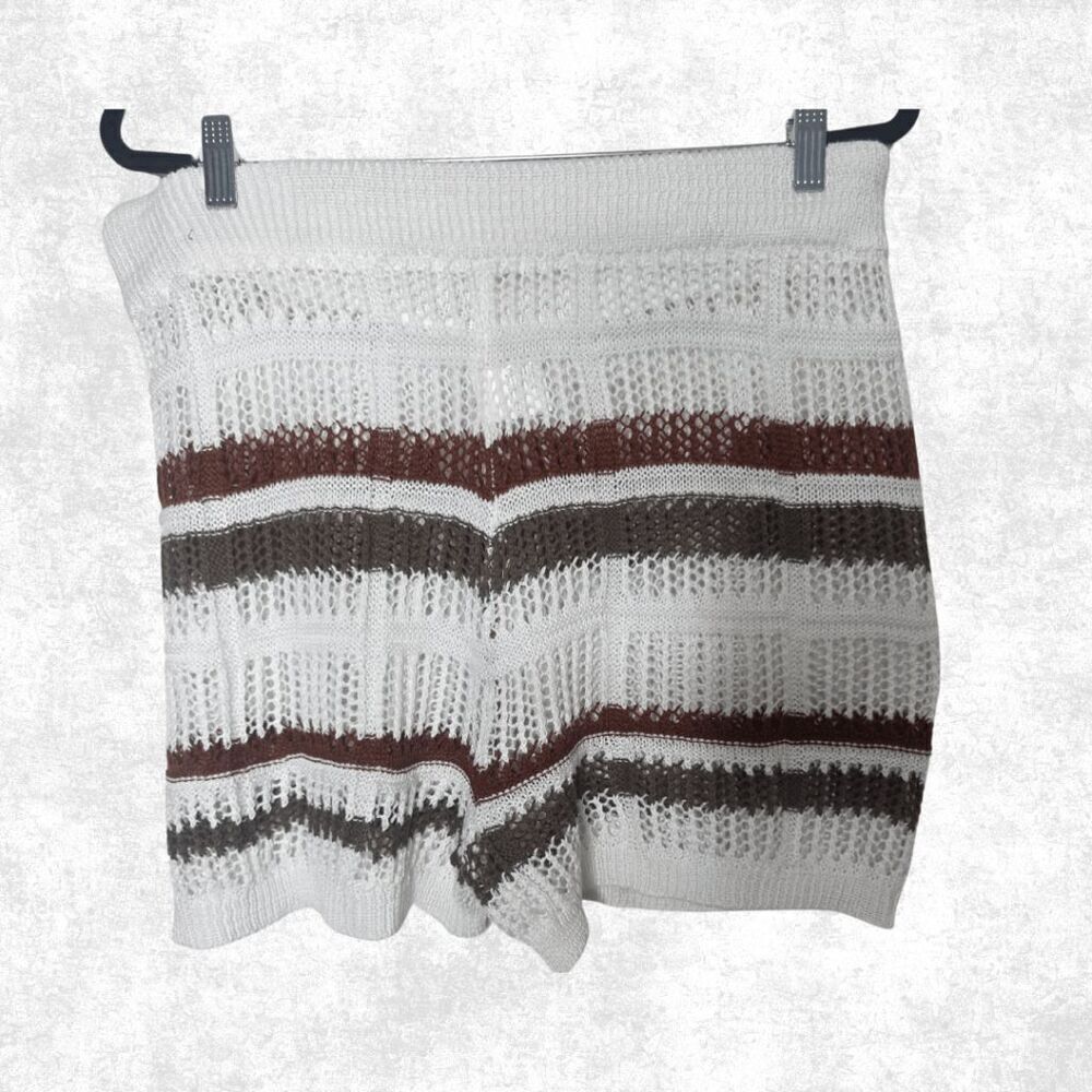Plus Size 3X Knit Lounge Shorts – Cream Rust Brown Striped Drawstring Boho Beach